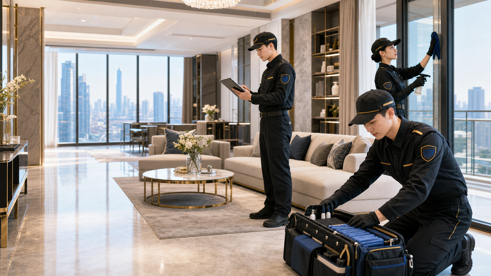 难得有空高端军式家政团队在高端住宅内执行标准化服务